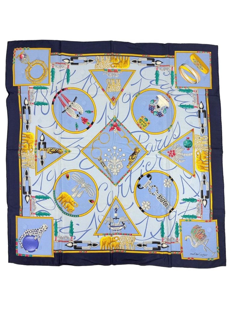 Cartier Pattern Scarf Silk Navy Blue Multicolor